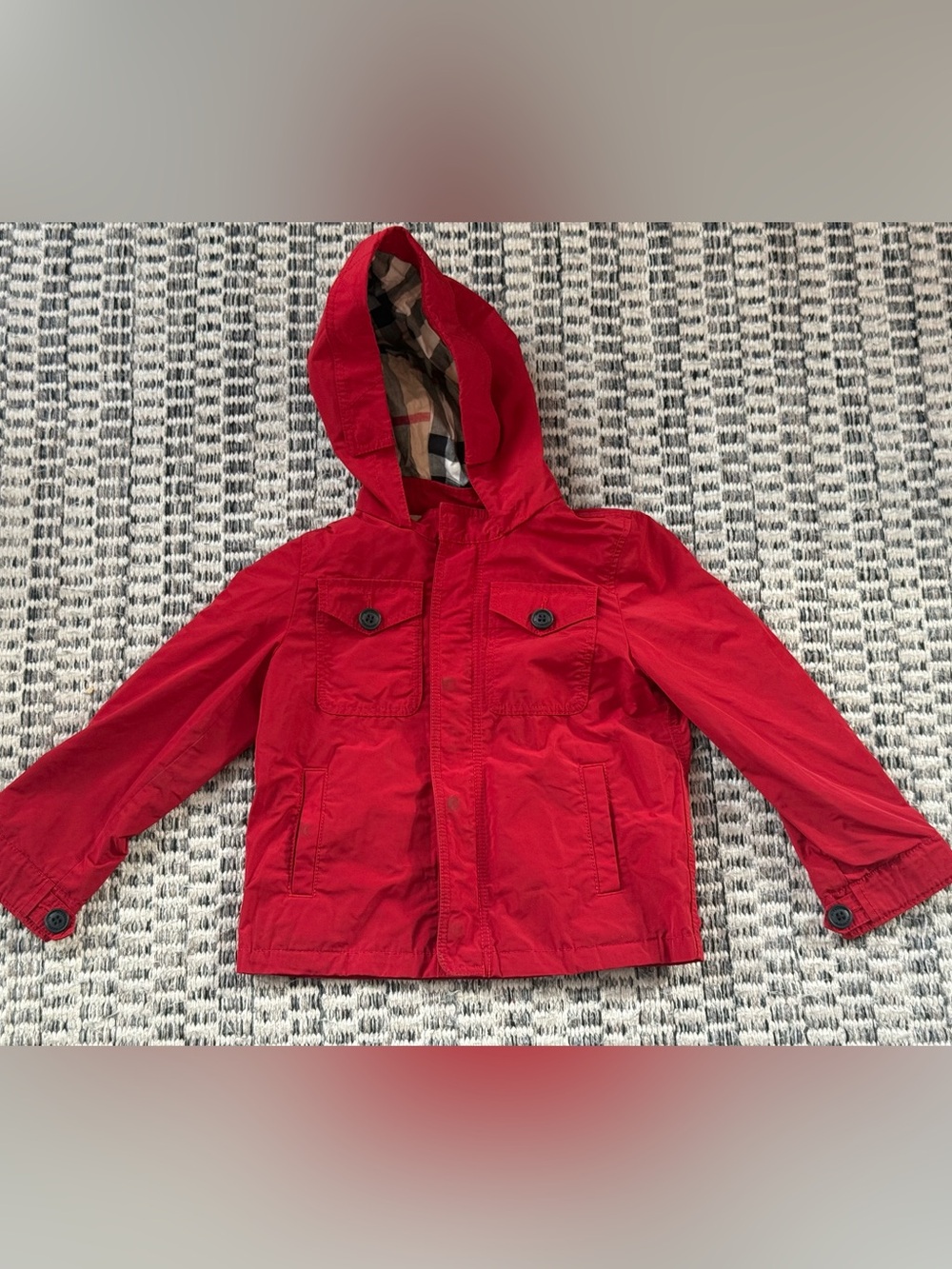 Burberry Red Hooded Children's Rain Jacket with Plaid Hood Lining